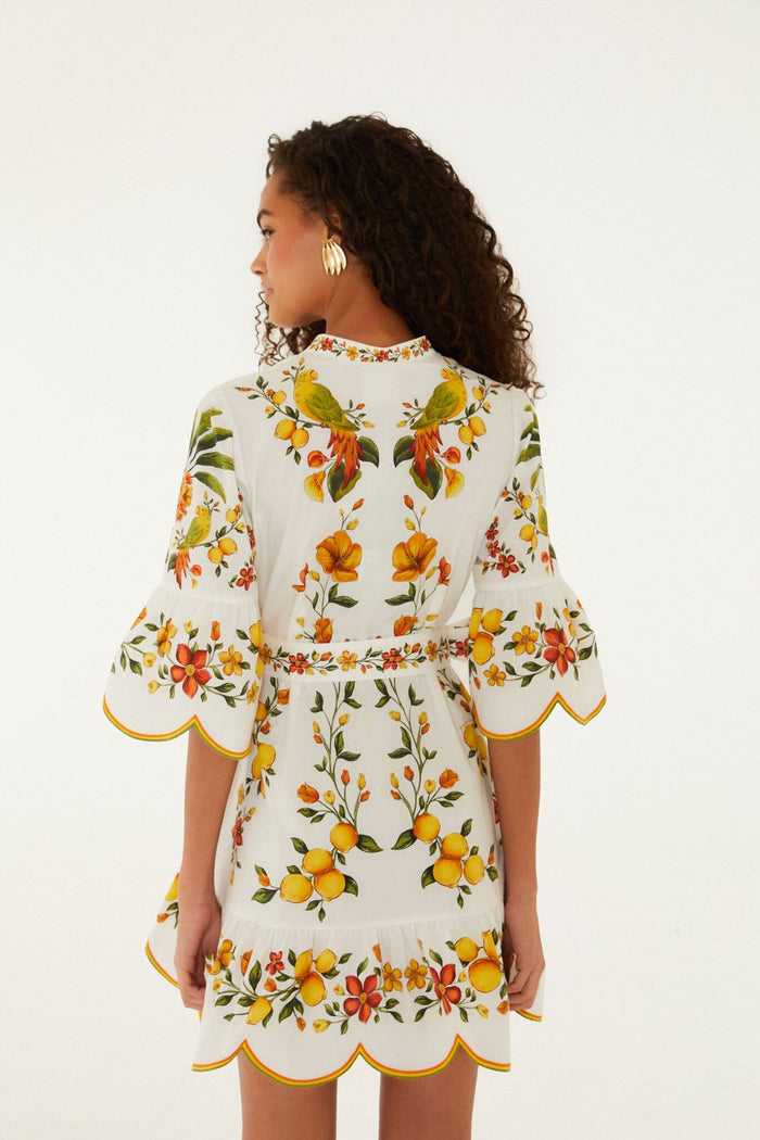 FARM Rio model wearing the Lemon Bouquet Off-White Mini Dress