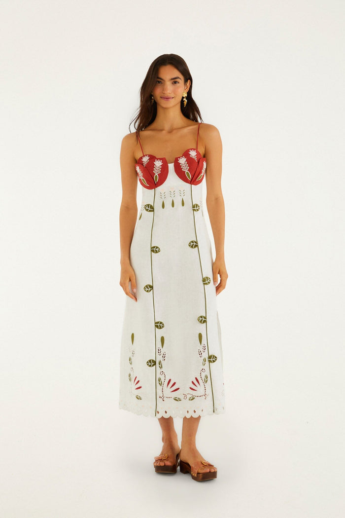 FARM Rio model wearing the Off-White Tulip Richelieu Embroidered Midi Dress