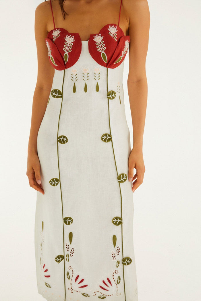FARM Rio model wearing the Off-White Tulip Richelieu Embroidered Midi Dress