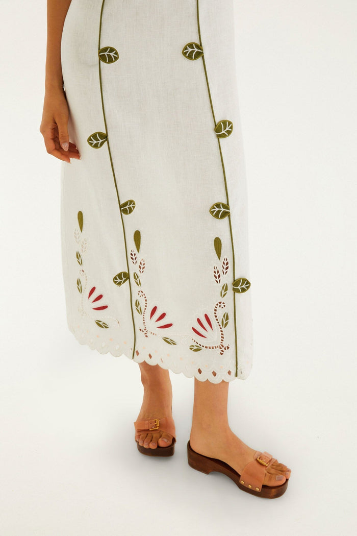 FARM Rio model wearing the Off-White Tulip Richelieu Embroidered Midi Dress