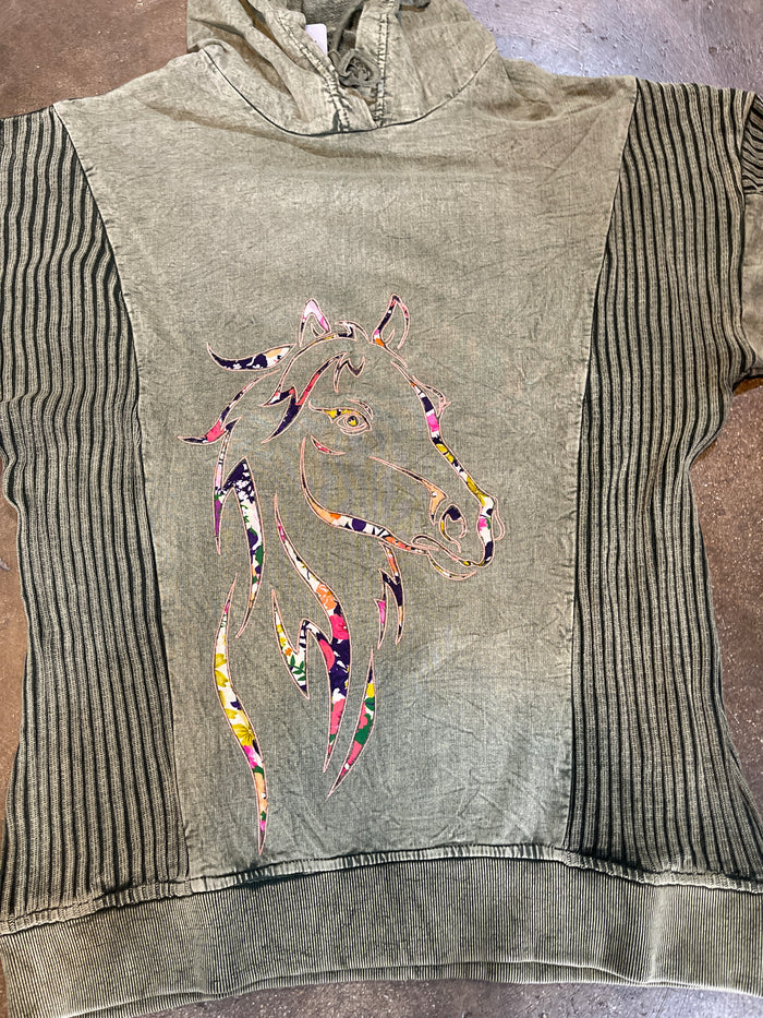 Olive Horse Head Cutout Hoodie