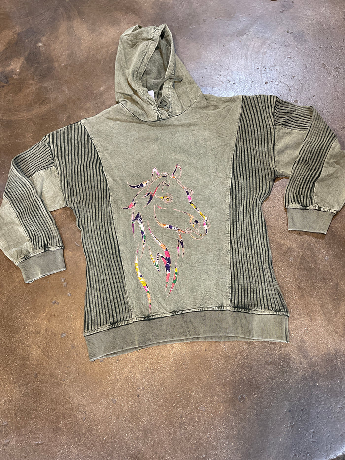 Olive Horse Head Cutout Hoodie