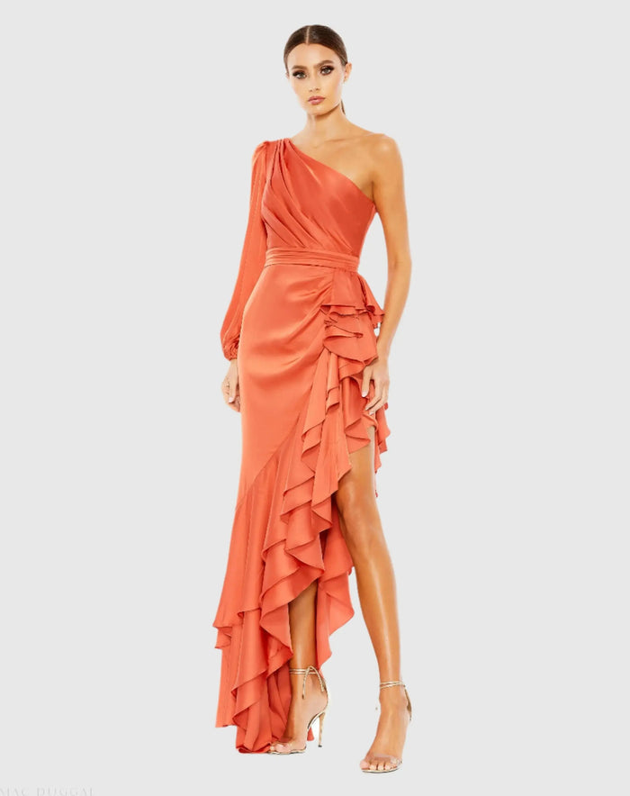 Orange One Sleeve Cut Out Asymmetrical Ruffled Gown - Mac Duggal