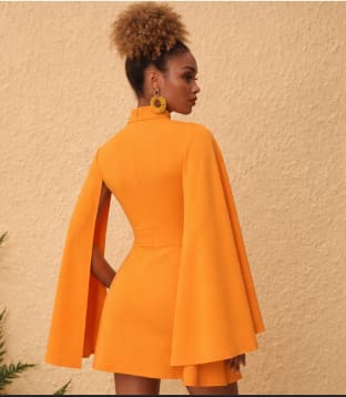 Orange High Neck Cape Sleeve Mini Dress – Elegant Statement Dress for Evening & Special Occasions