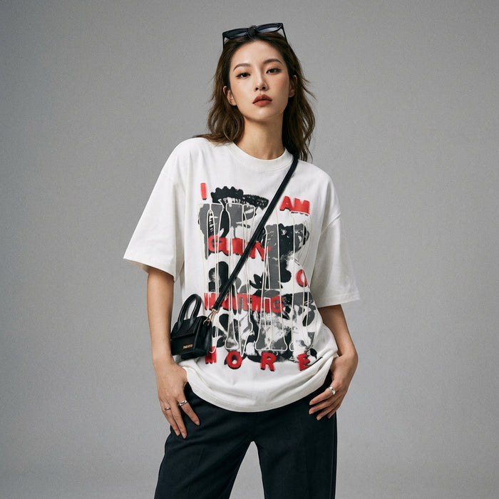 T-shirt oversize blanc à lettres imprimées - Mode Coréenne unisexe - Taille S