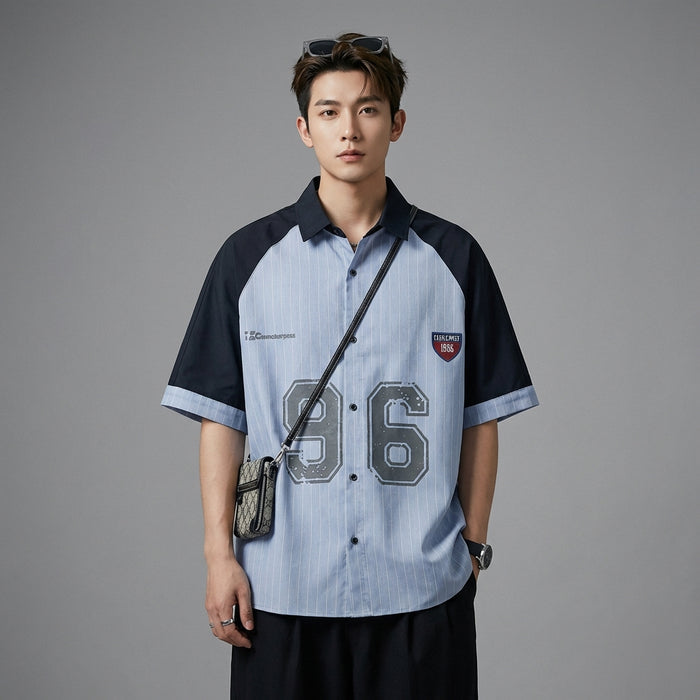 Chemise rayée oversize pour homme, style streetwear K-fashion, gris et bleu - Taille M