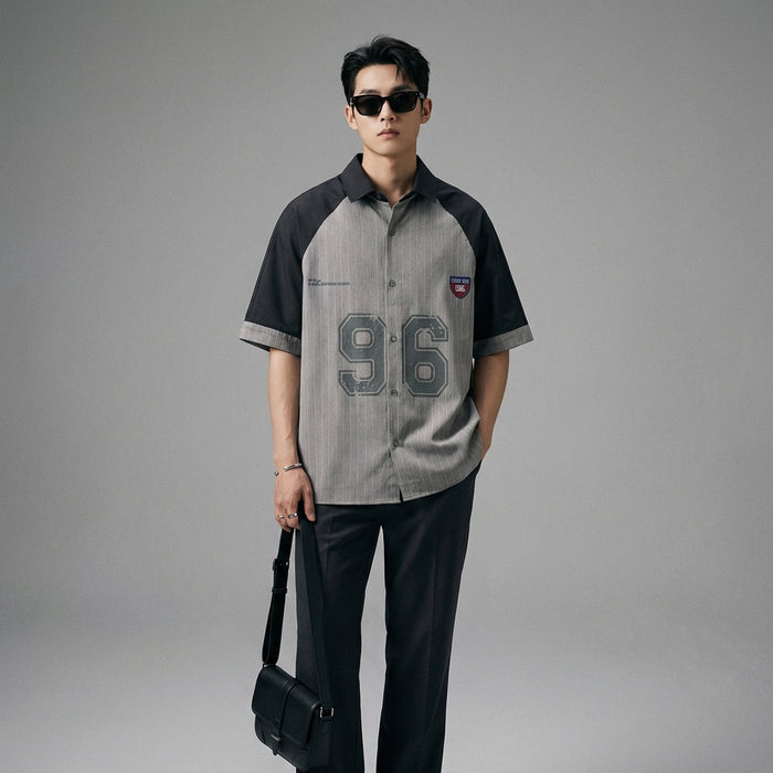 Chemise rayée oversize pour homme, style streetwear K-fashion, gris et bleu - Taille M