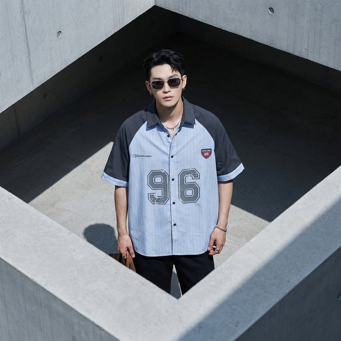 Chemise rayée oversize pour homme, style streetwear K-fashion, gris et bleu