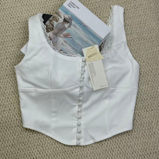 Padded round-necked vest with lace trim