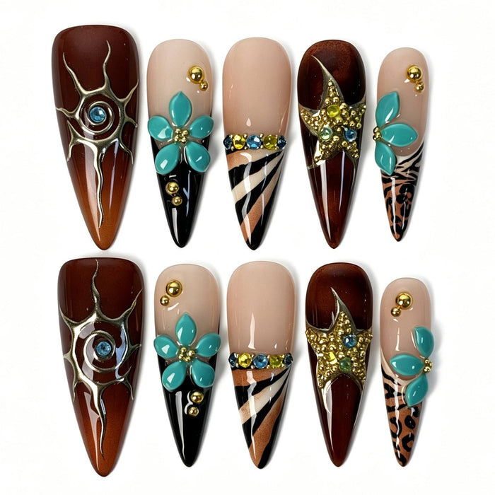 Panther Noir fall 2026 stiletto press‑on nails dark brown ombre teal 3D flower fall nail art