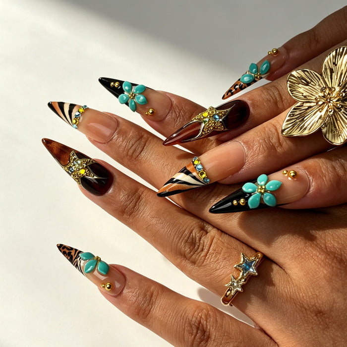Close‑up retro fall nail art teal 3D flower gold rhinestone zebra‑leopard stiletto nails