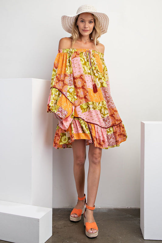 PATCHWORK PRINT RAYON GAUZE BABYDOLL DRESS