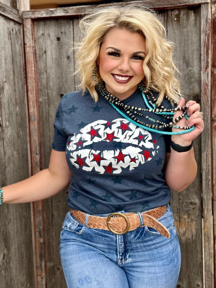Patriotic Lips With Red Glitter Stars Tee
