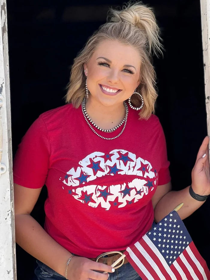 Patriotic Lips With Royal Glitter Stars V-Neck Tee