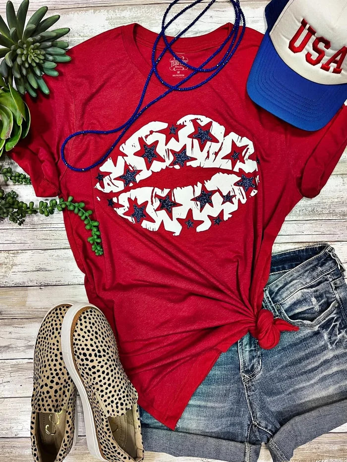 Patriotic Lips With Royal Glitter Stars V-Neck Tee