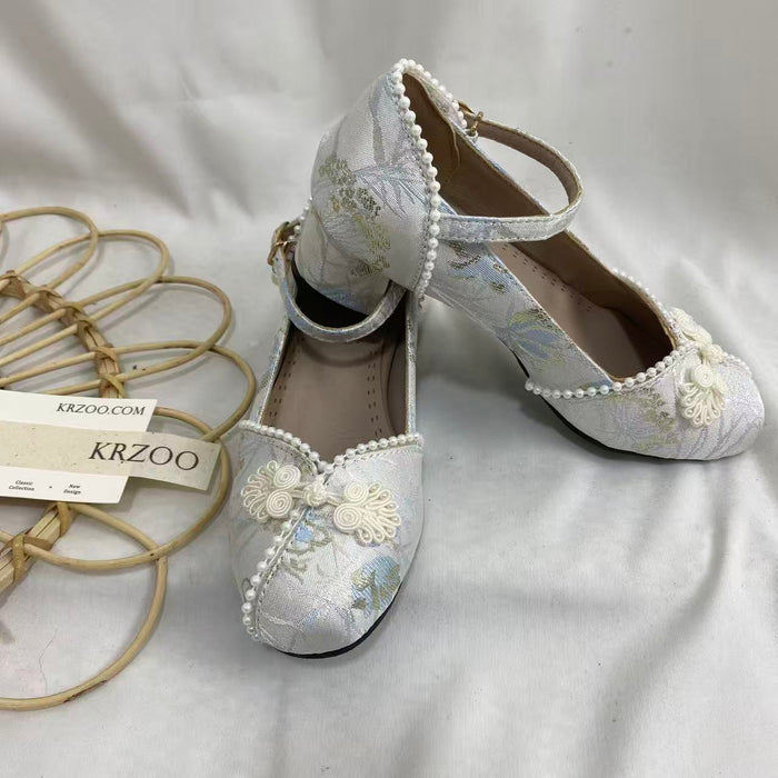 Pearl Beaded Mid-Heel Shoes