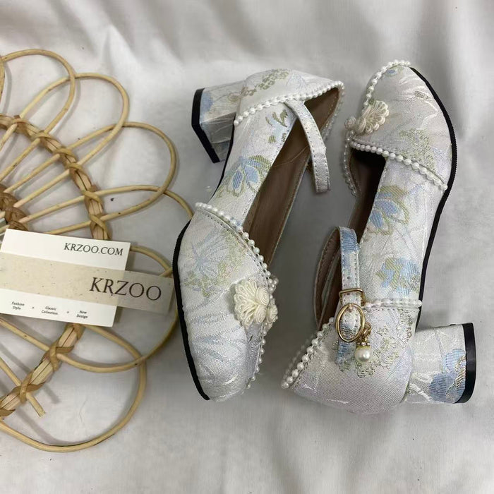 Pearl Beaded Mid-Heel Shoes