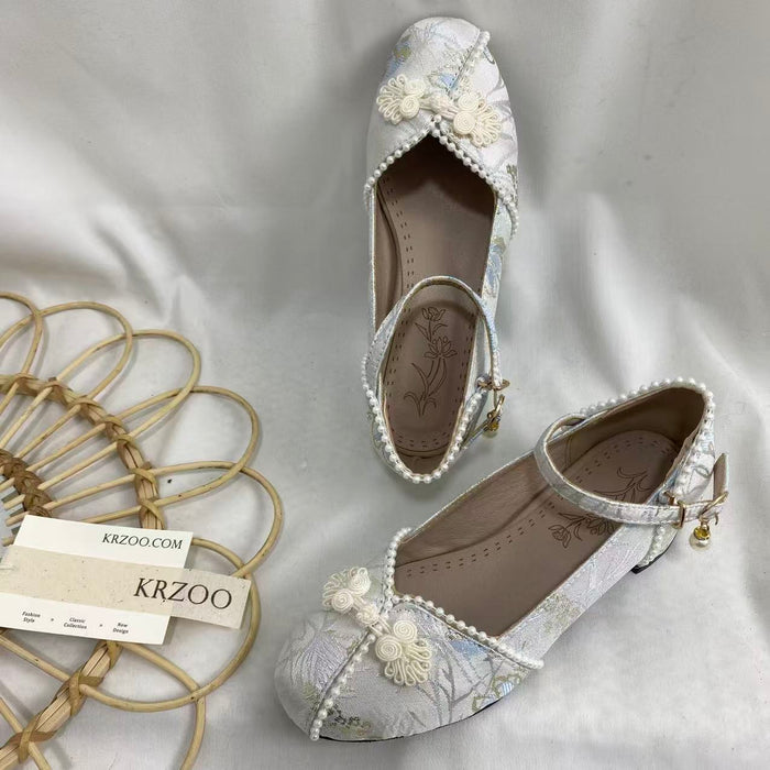 Pearl Beaded Mid-Heel Shoes