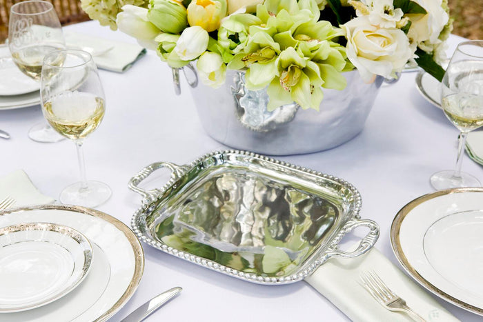 Beatriz Ball Pearl David Medium Square Tray — With a salad serving at a dining table