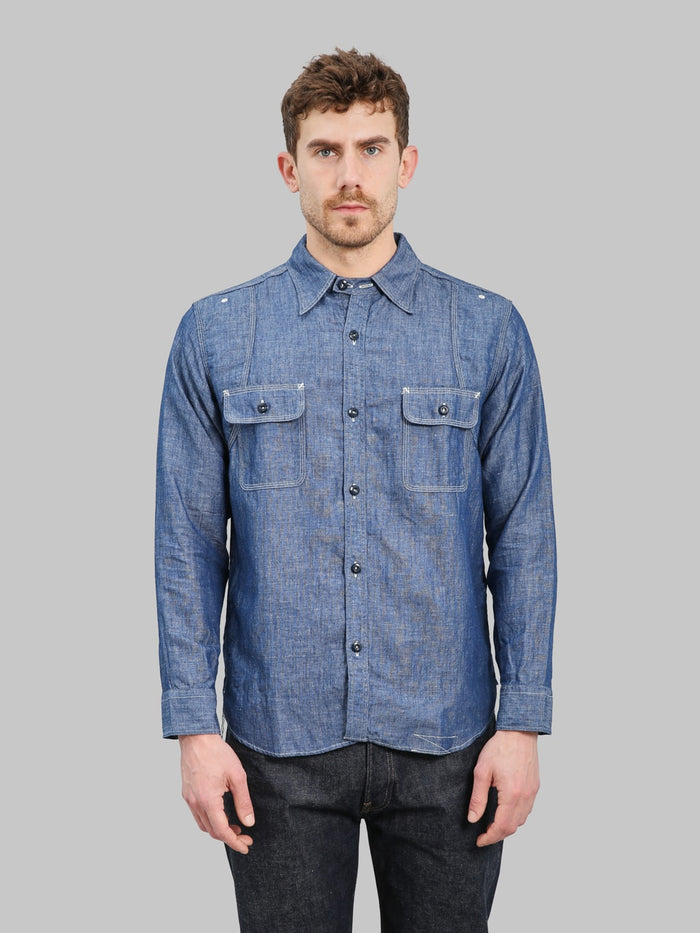 Pherrows 770WS Chambray Work Shirt Sax Blue