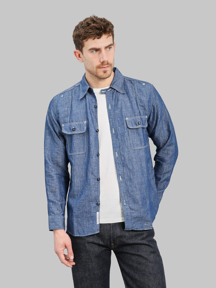 Pherrows 770WS Chambray Work Shirt Sax Blue styled