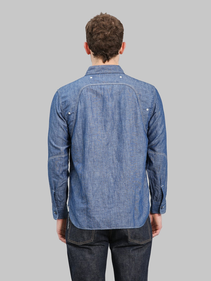 Pherrows 770WS Chambray Work Shirt Sax Blue back fit