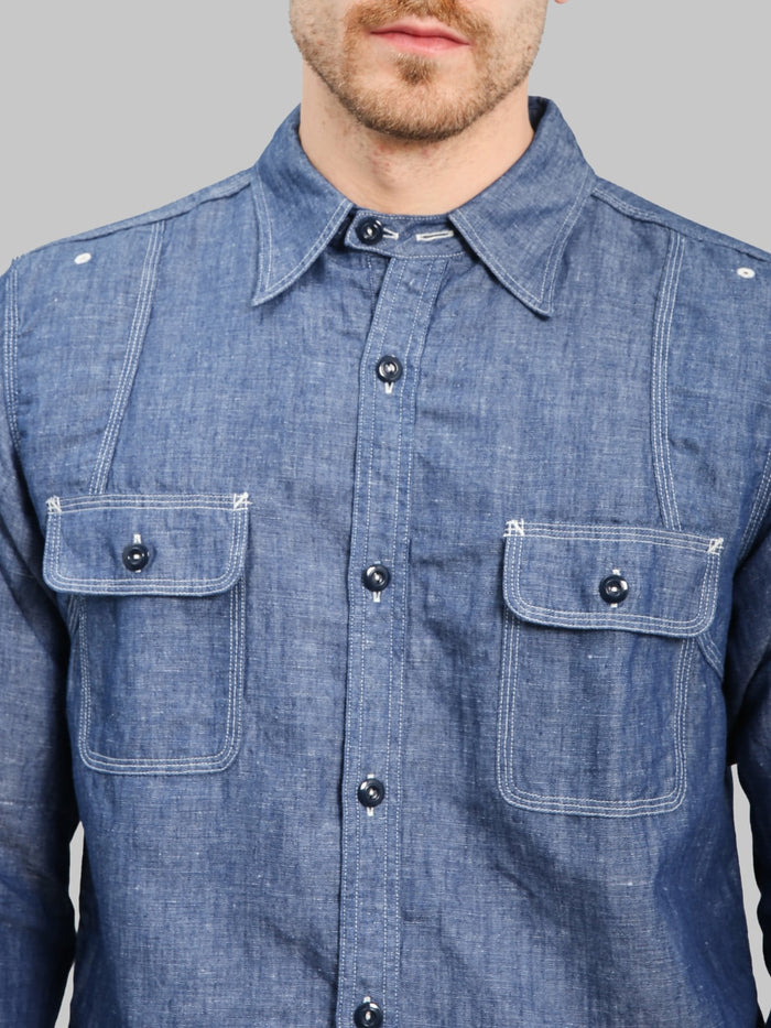 Pherrows 770WS Chambray Work Shirt Sax Blue chest pockets