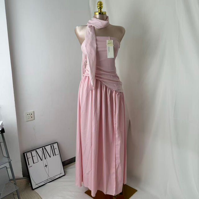 Pink-belted strapless dress