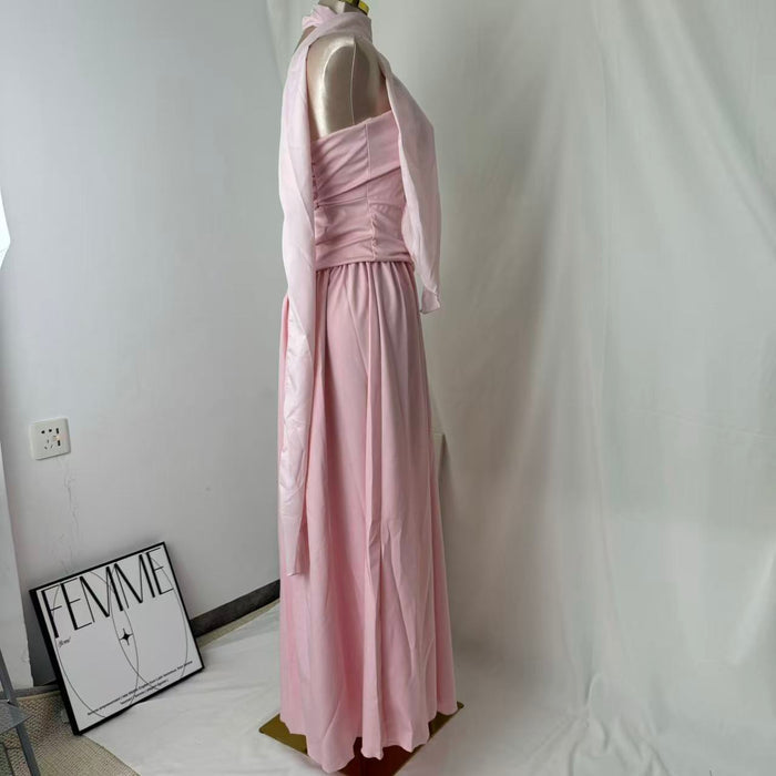 Pink-belted strapless dress