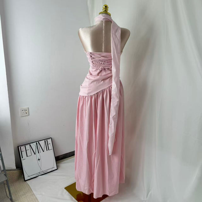 Pink-belted strapless dress
