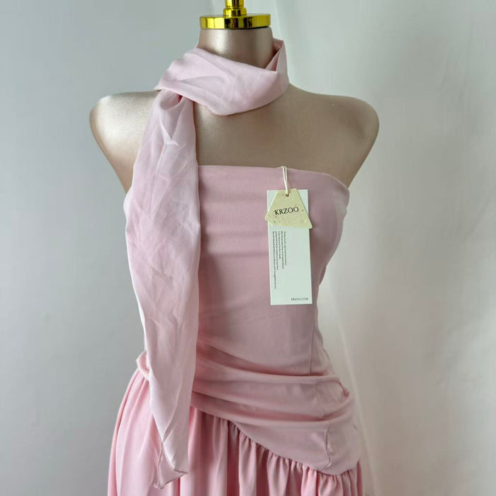 Pink-belted strapless dress
