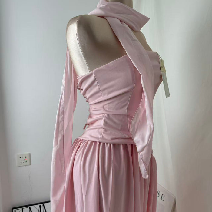 Pink-belted strapless dress
