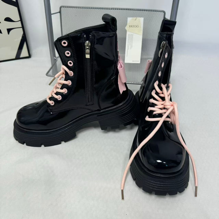 Pink bow leather boots