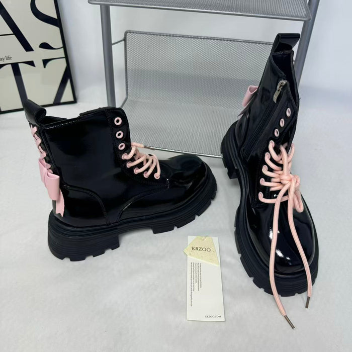 Pink bow leather boots