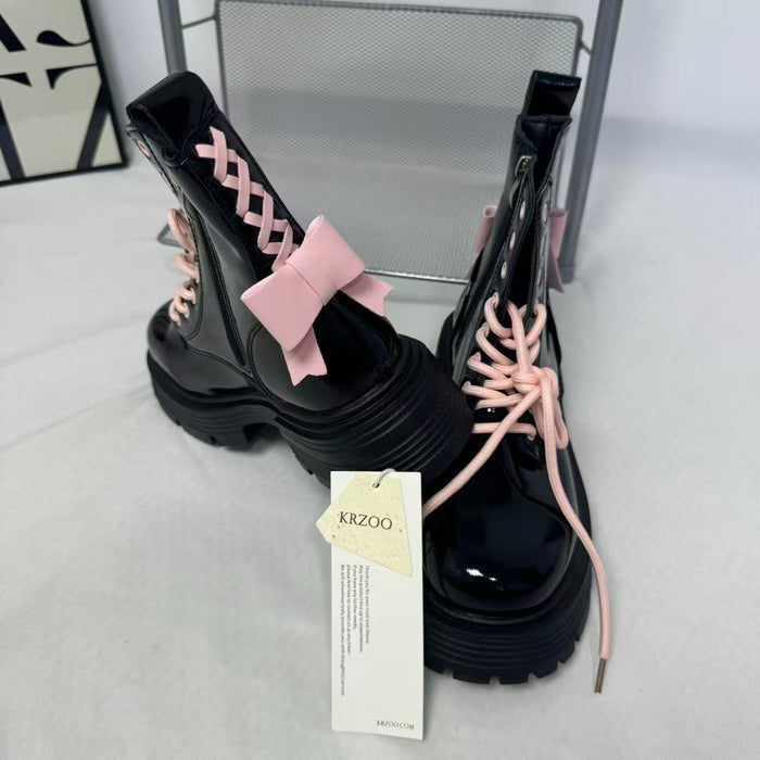 Pink bow leather boots