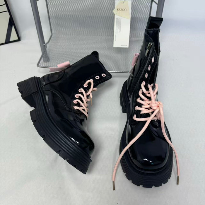 Pink bow leather boots