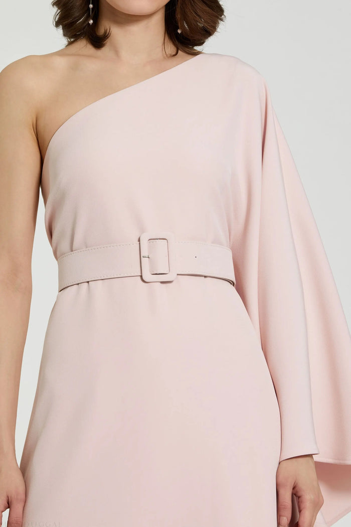 Pink Crepe One Sleeve Belted Kaftan Dress - Mac Duggal
