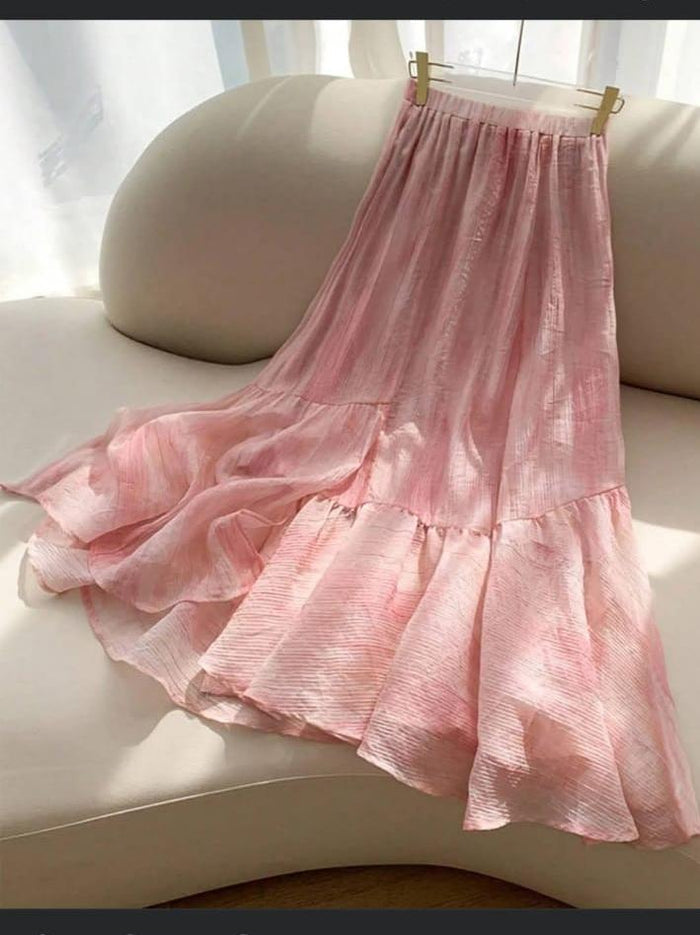 Pink High Waist Ruffle Hem Maxi Skirt