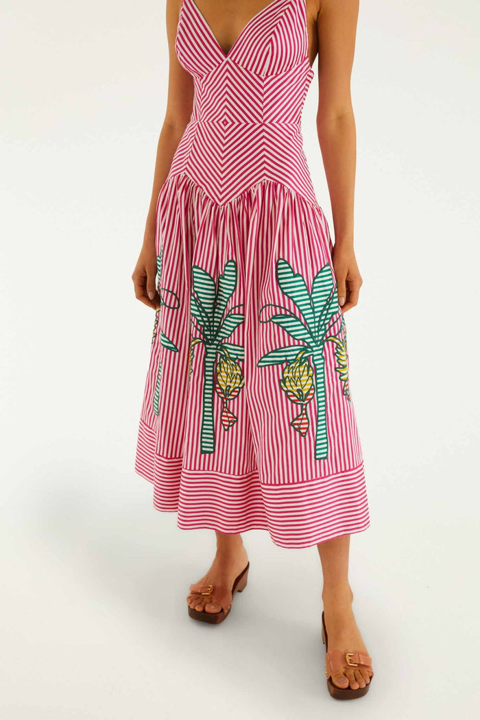 FARM Rio model wearing the Red Palm Tree Stripes Cutwork Organic Cotton Midi Dress