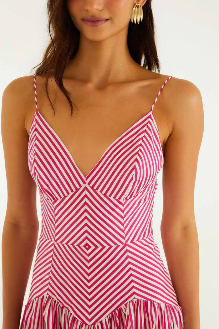 FARM Rio model wearing the Red Palm Tree Stripes Cutwork Organic Cotton Midi Dress