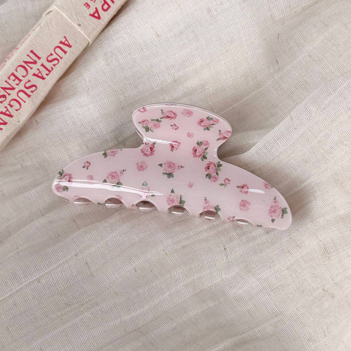 Pink Rose Floral Hair Claw Clip Crescent Shape