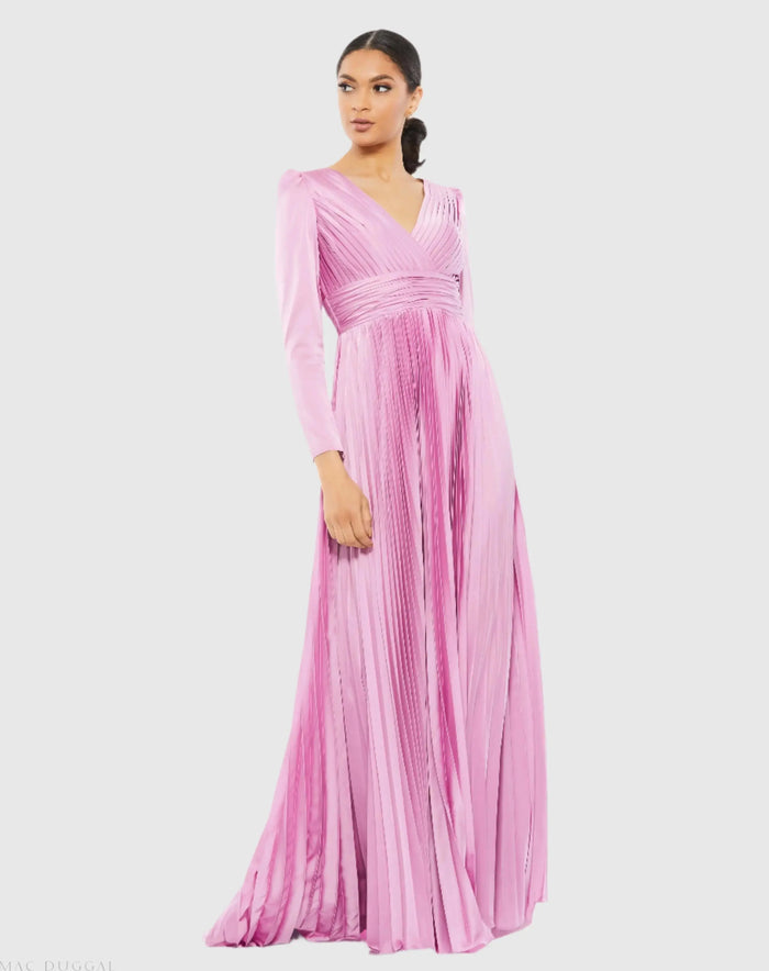 Light Purple Pleated Long Sleeve V-Neck Gown - Ieena for Mac Duggal