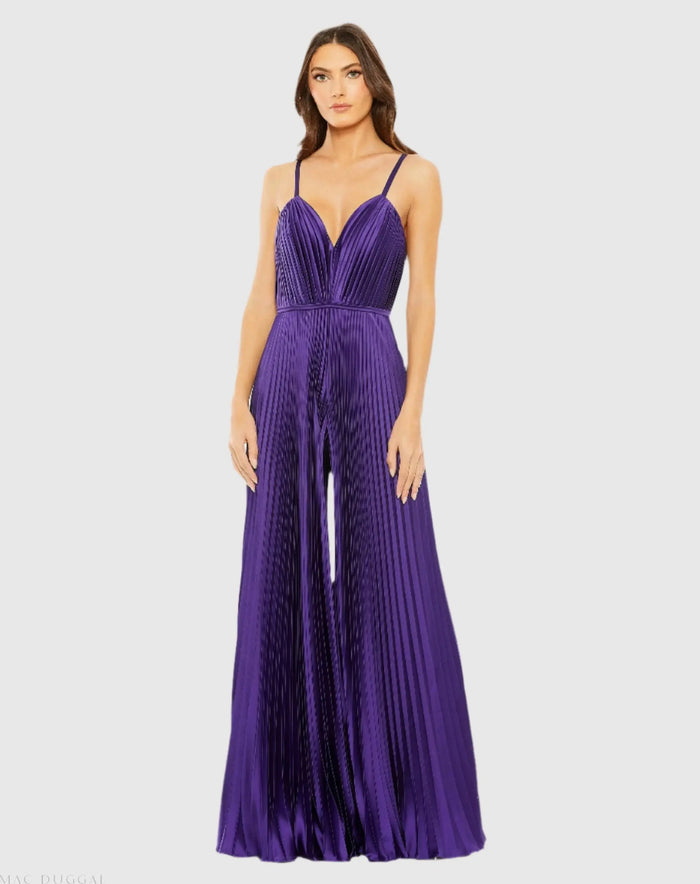 Purple Pleated Plunge Neck Wide Leg Jumpsuit - Mac Duggal