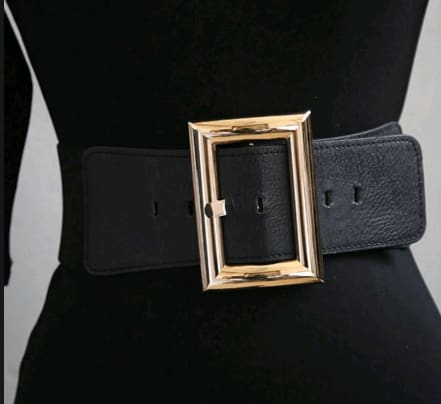Plus Size Black Wide Waist Belt for Women – Gold Square Buckle Adjustable Fashion Belt