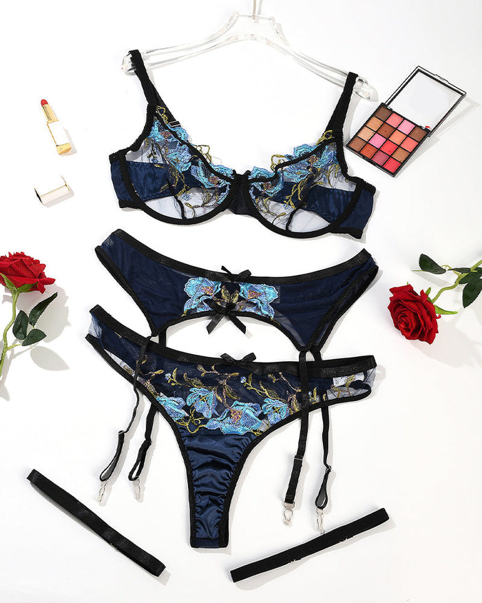 Plus Size Embroidered Mesh Lace Bra Set