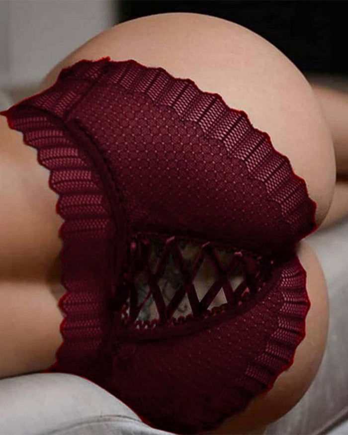 Plus Size Floral Lace Crisscross Panties Sheer Scalloped Briefs