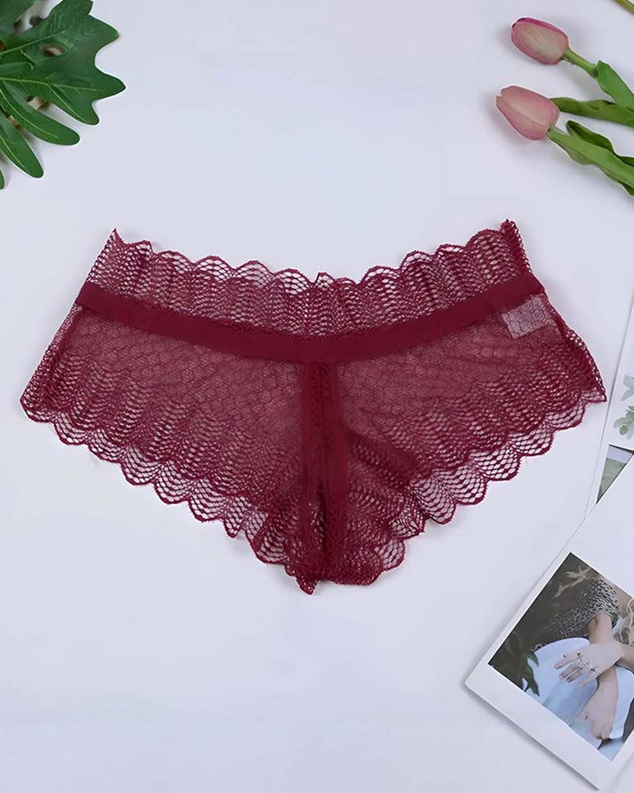 Plus Size Floral Lace Crisscross Panties Sheer Scalloped Briefs