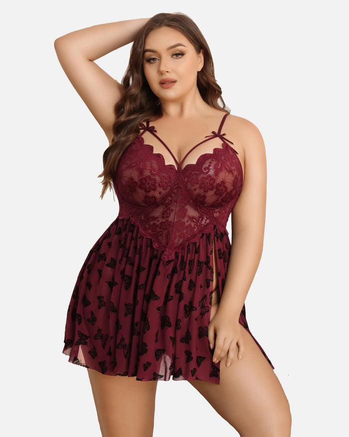 Plus Size Lace Leopard Side Slit Nightdress