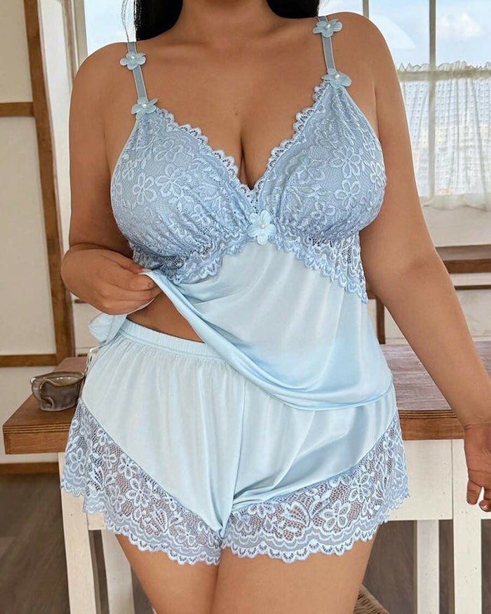 Plus Size Lace Satin Cami Pajama Set â€?Sexy Two-Piece Sleepwear for Women