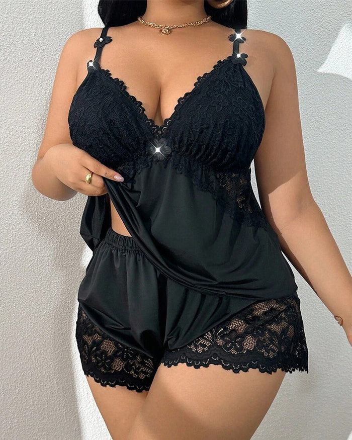 Plus Size Lace Satin Cami Pajama Set â€?Sexy Two-Piece Sleepwear for Women